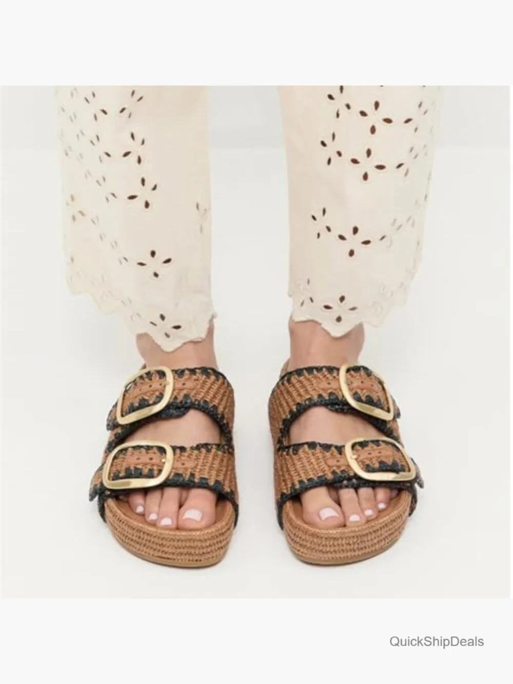 Woven Double-Buckle Espadrille Slide in Brown and Black Trim